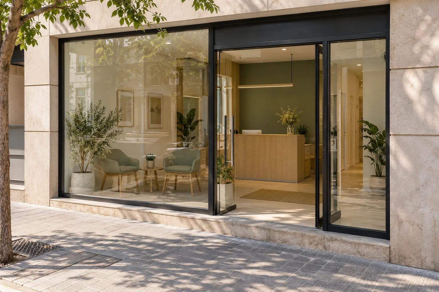 Street-level glass entrance to the academy