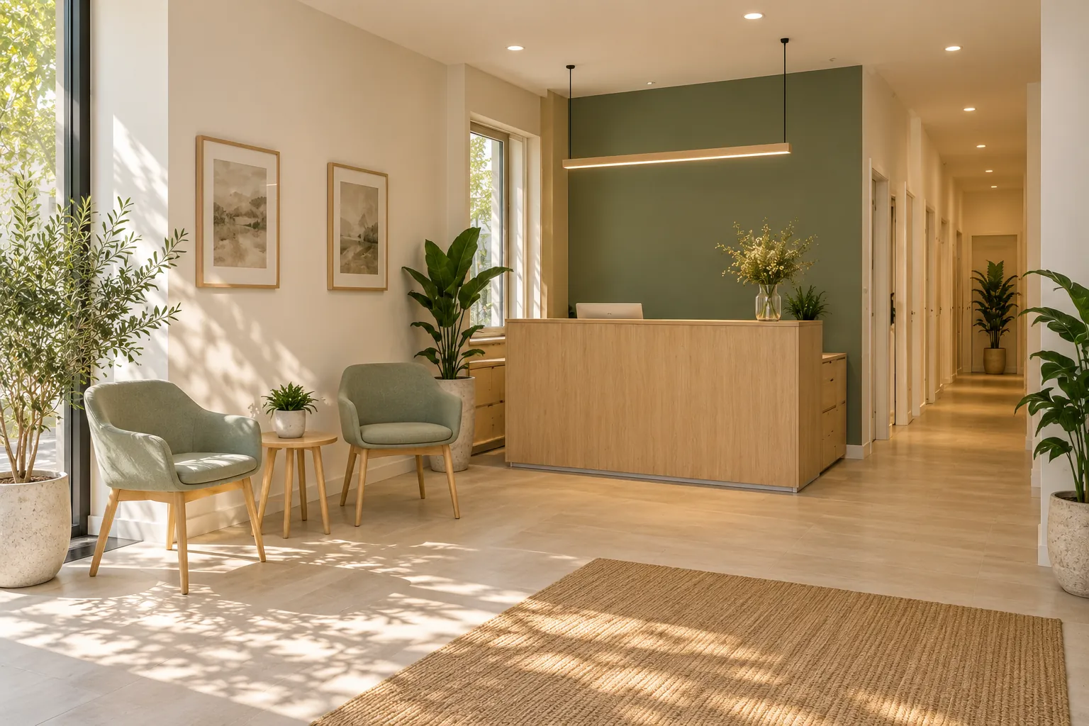 Oak reception counter and two sage waiting chairs