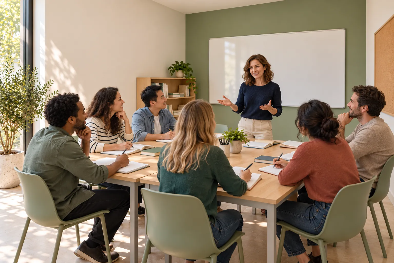 Teacher guiding six adults in a language class