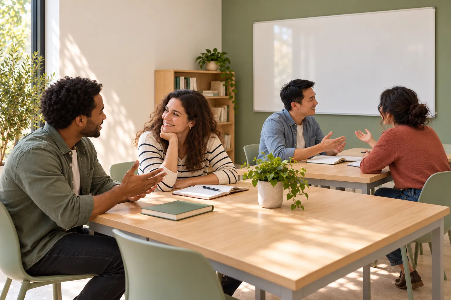 Four adults practising conversation in small groups