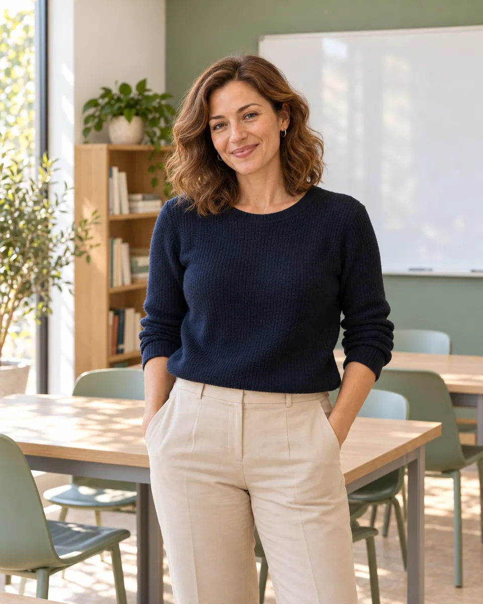Teacher Elena with a navy sweater in the main classroom